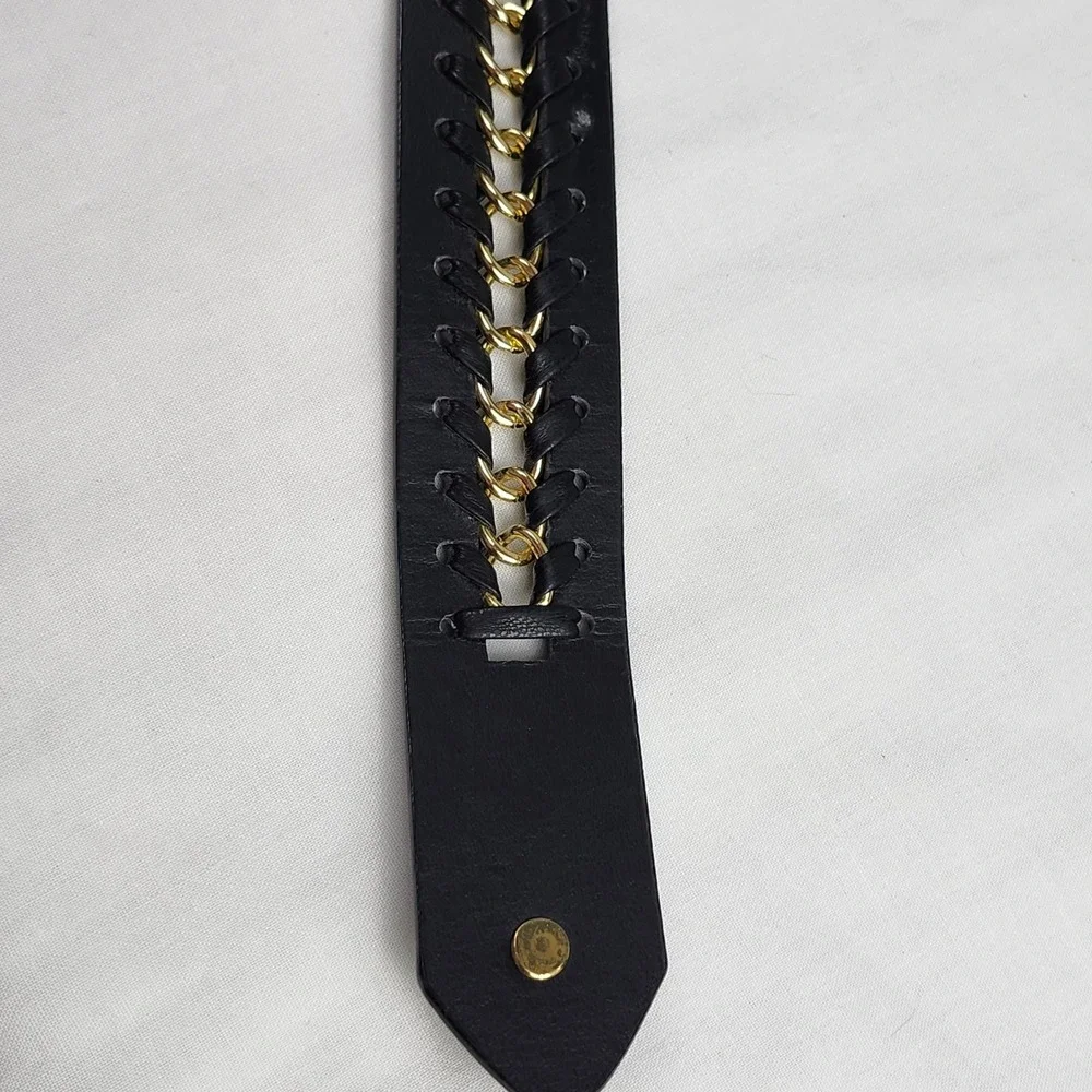 Vince Camuto Belt Womens Large Black Gold Chain Link Woven Leather Medallion